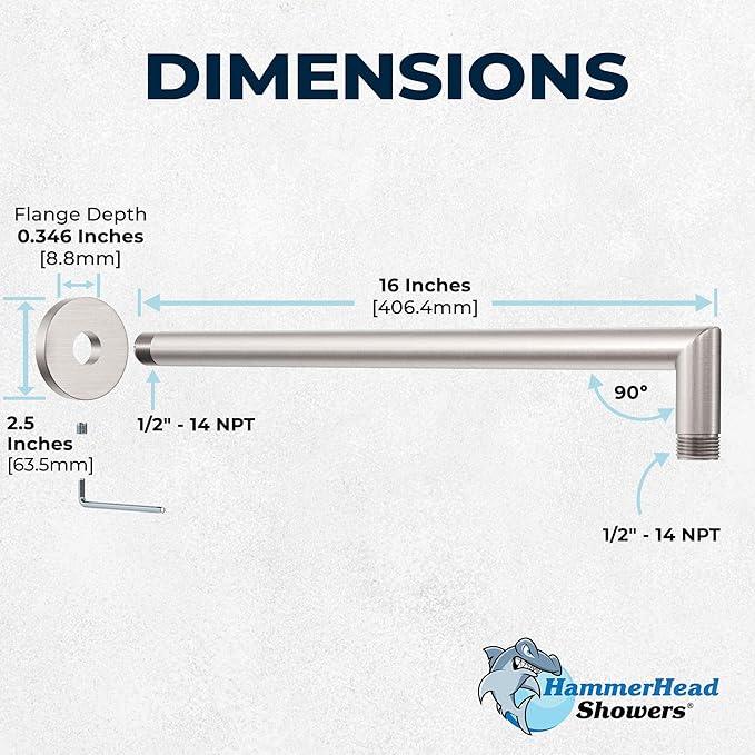 HammerHead Showers® Solid Metal 16 Inch Extended Shower Arm and Flange with Set Screw, Long Shower Arm, Extends Rain Shower Overhead, Wall-Mounted Rain Shower Arm, Brushed Nickel - ModernBath