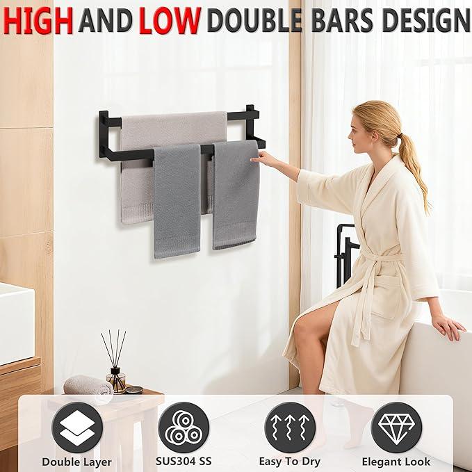 Alise Double Towel Bars for Bathroom Wall Mount,Double Towel Racks for Bathroom Towel Holder Black,SUS304 Stainless Steel Towel Rail Towel Hanger for Bathroom 23.6 Inch,Matte Black - ModernBath