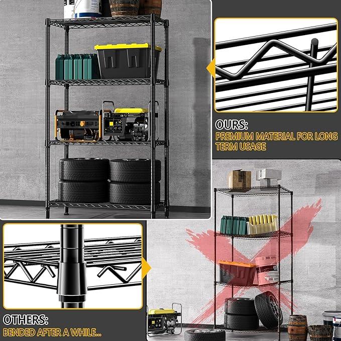 1000 lbs 4 Tier Shelf Metal Storage Shelves Shelving Wire Rack Heavy Duty Closet Organizers for Garage Kitchen Bathroom Laundry Black 13.8" D x 35.4" W x 59.5" H - ModernBath