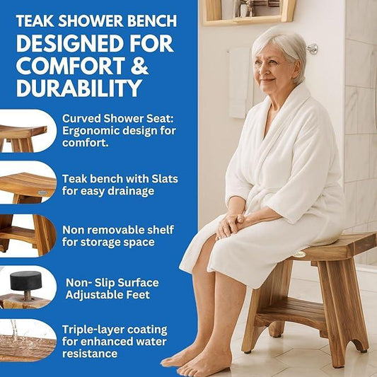 EcoDecors Teak Shower Bench with Shelf 18", 300 lb Capacity – Fully Assembled Waterproof Wood Spa Seating for Adults - Compact Fit for Small Bathrooms & Walk-in Showers - Slip-Resistant Feet - ModernBath
