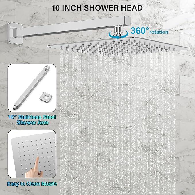 FPXRNG Shower Faucet Set Bathroom Square Rain Shower Head and Handle Set, Wall Mounted Shower Fixtures, Full Metal Trim Repair Kit 10 inch Polished Chrome (With Shower Valve) - ModernBath