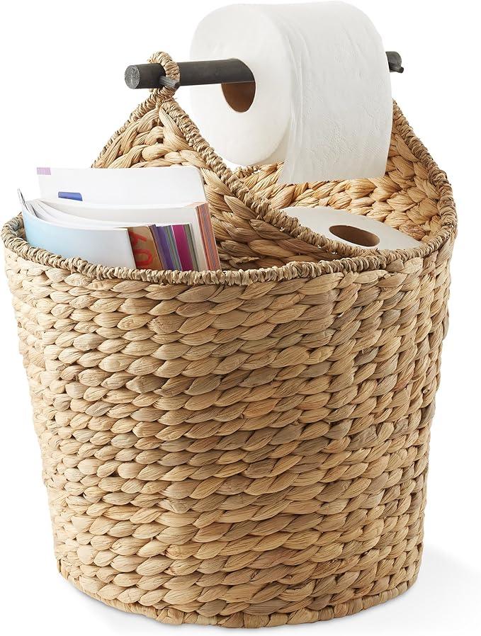 Casafield Toilet Paper Roll Storage Basket with Magazine Holder, Natural - Woven Water Hyacinth Wicker Bathroom Bin for Bath Tissue and Toiletries - ModernBath