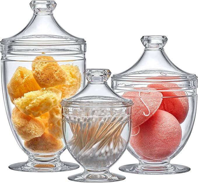 Amazing Abby - Aspire - Plastic Bathroom Canisters (3-Piece Set, 46/34/12 oz) (NOT Glass), Acrylic Apothecary Jars for Vanity, BPA-Free and Shatter-Proof, Great for Cotton Balls and Bath Sponges - ModernBath