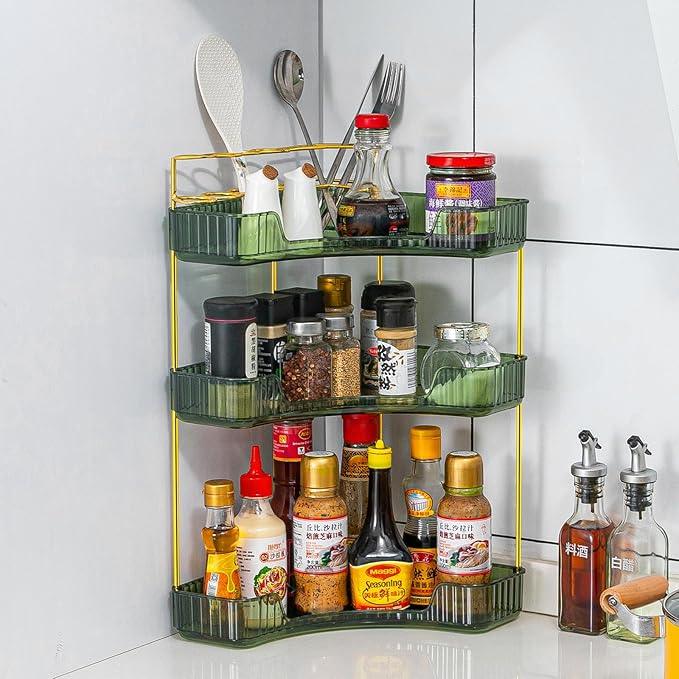shuang qing Upgraded 3-Tier Corner Bathroom Countertop Organizer – Spacious Storage for Makeup, Skincare & Perfumes, Built-in Brush Holder Fits Vanity/Dresser/Bsthtub (Sage Green) - ModernBath