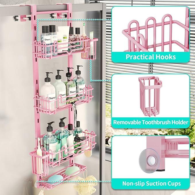 HapiRm Hanging Shower Caddy Organizer - Shower Shelf with 22 Hooks and 2 Toothbrush Holders, No Drilling Adjustable Hanging Bathroom Organizer - Pink - ModernBath