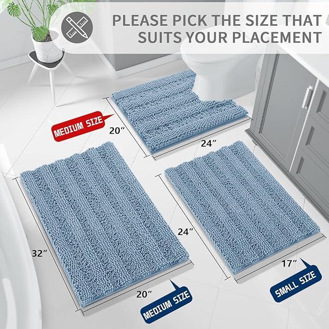 Yimobra Toilet Rugs U Shaped Washable 24 x 20, Non Slip and Super Absorbent Toilet Mat, Quick Dry, Ultra Luxury Microfiber Chenille Plush Fluffy Contour Bath Rugs for Toilet Base, Denim Blue - ModernBath