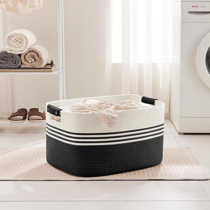 72L Large Laundry Basket with Leather Handles for Living Room Storage, Woven Rope Baskets Bin for Blanket, Kids Toy, Gifts, Wicker Hamper for Bedroom Dirty Clothes, 22"x17"x12" White Black - ModernBath