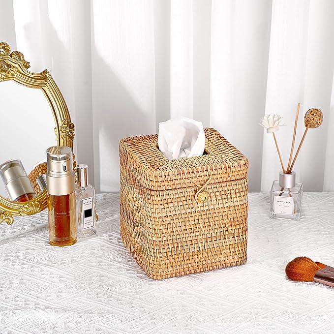 Sumnacon Tissue Box Cover Square Tissue Box Rattan Tissue Box Holder with Hinged Top Lid, Wicker Tissue Holder for Bathroom Toilet Living Room Kitchen Office Table Desk, Yellow - ModernBath