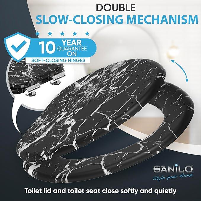 SANILO Wooden Toilet Seat with Soft Close [ELONGATED] - Decorative, Quiet & Slow Close Molded Wood Seat - With Strong Bumpers & Hinges - Adjustable Fit - Marble Black - ModernBath