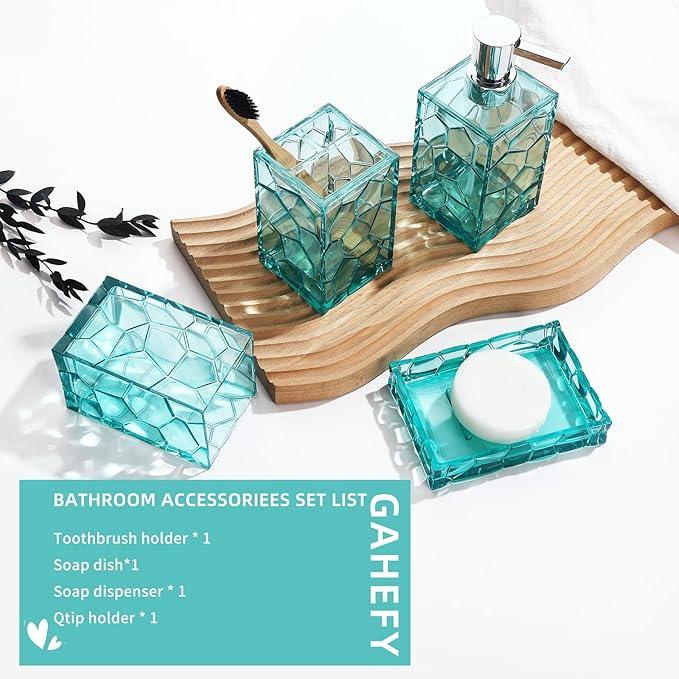 GAHEFY Teal Blue Beach Bathroom Accessories Set with Toothbrush Holder, Soap Dispenser, Tumbler, Soap Dish, Turquoise Bathroom Decor,Acrylic (Teal-4pcs) - ModernBath