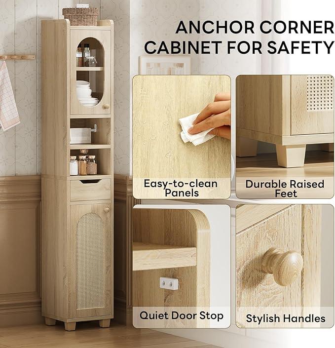 LIKIMIO 69" H Tall Bathroom Storage Cabinet with 2 Doors & 1 Drawer, Narrow Adjustable Shelves & Pull-Out Tissue Holder, Slim Freestanding Cabinet for Small Spaces, Kitchen, Entryway, Rustic White - ModernBath