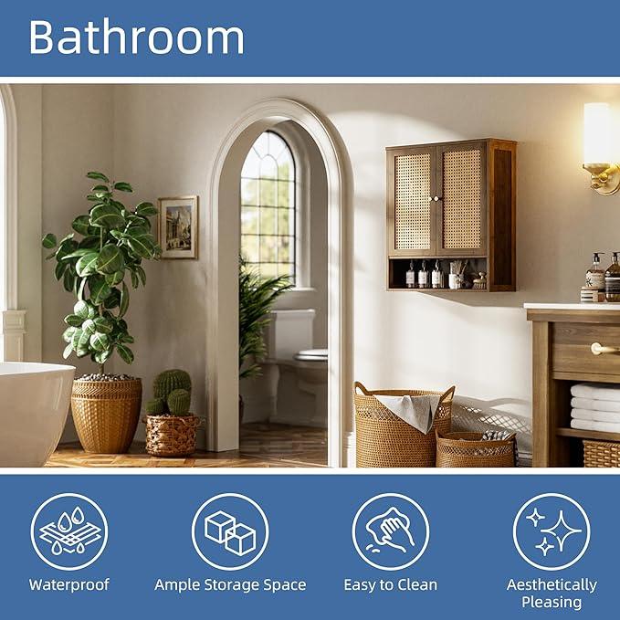 HITNET Bamboo Medicine Cabinet, Wall Mounted Bathroom Cabinet with Adjustable Shelf, Double Rattan Door Hanging Storage Organizer Over Toilet for Entryway, Laundry Room (Walnut) - ModernBath