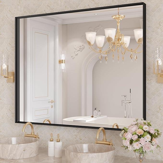 LOAAO Black Bathroom Mirror 40"X36" for Wall, Rectangle Bathroom Vanity Mirror, Tempered Glass, Hangs Vertically or Horizontally, Easy to Install, Modern Design - ModernBath
