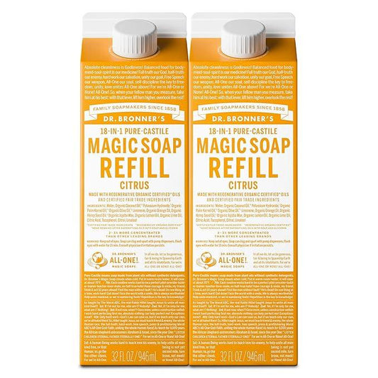 Dr. Bronner's Magic Soap-Pure-Castile Liquid Refill (Citrus, 32 ounce, 2-Pack) - Made with Regenerative Organic Certified Oils, For Body, Hair, Laundry, Pets & Dishes - Concentrated, Vegan, Non-GMO - ModernBath