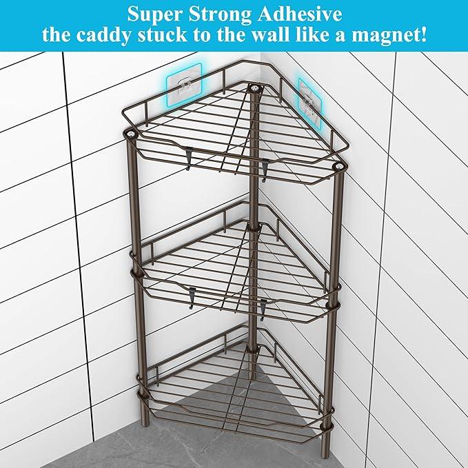 3 Tier Floor Standing Corner Shower Caddy Organizer Shelf with Hooks, Bathroom Shelves Stand Rack, Bronze - ModernBath