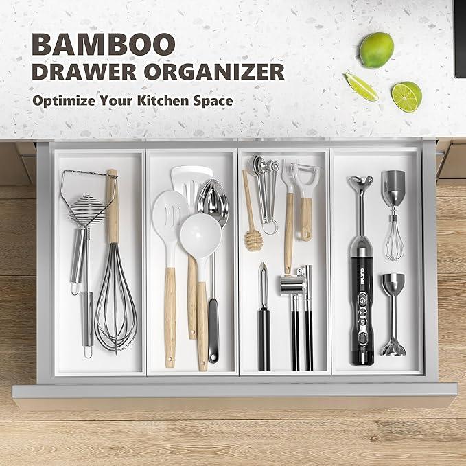 Kitchen Drawer Organizer Bins, Stackable Deep Bamboo Drawer Organizer for Silverware, Utensils, Cutlery, Flatware, Junk, Dresser, Bathroom, 15" x 6" x 2.5" (Set of 2) - ModernBath