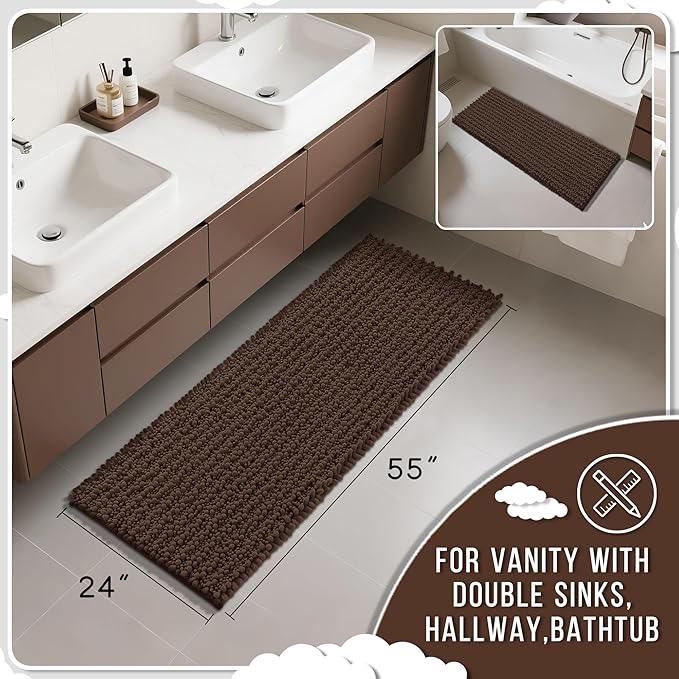 Yimobra Bathroom Runner Rug 55x24 Inch - Extra Long Non Slip Chenille Bath Mat, Soft & Absorbent, Machine Washable Shaggy Hallway Carpet for Vanity Tub Shower, Brown Home Decor Accessories - ModernBath