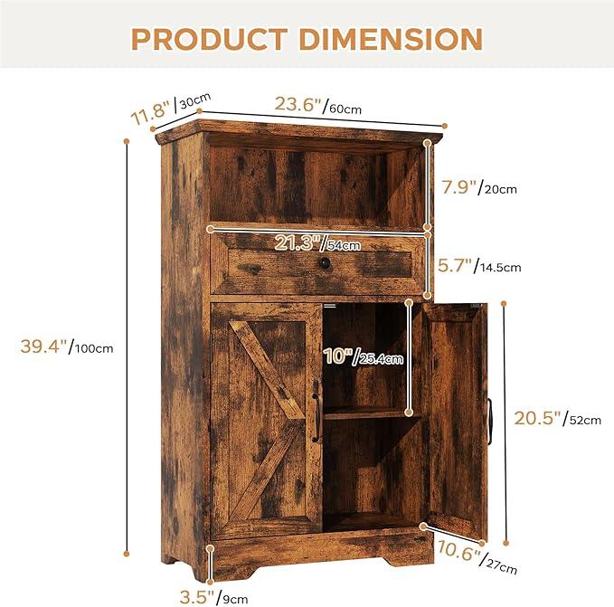 Floor Cabinet, Farmhouse Storage Cabinet with Barn Doors and Drawer, 11.81" D x 23.62" W x 39.37" H Rustic Brown Freestanding Adjustable Shelf Organizer for Bathroom, Kitchen, Living Room - ModernBath