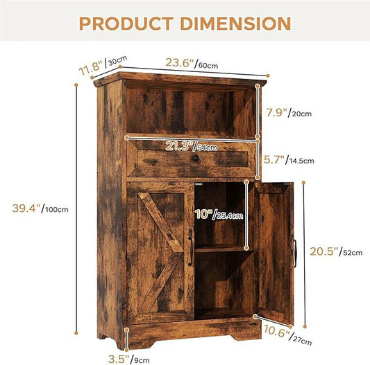 Floor Cabinet, Farmhouse Storage Cabinet with Barn Doors and Drawer, 11.81" D x 23.62" W x 39.37" H Rustic Brown Freestanding Adjustable Shelf Organizer for Bathroom, Kitchen, Living Room - ModernBath