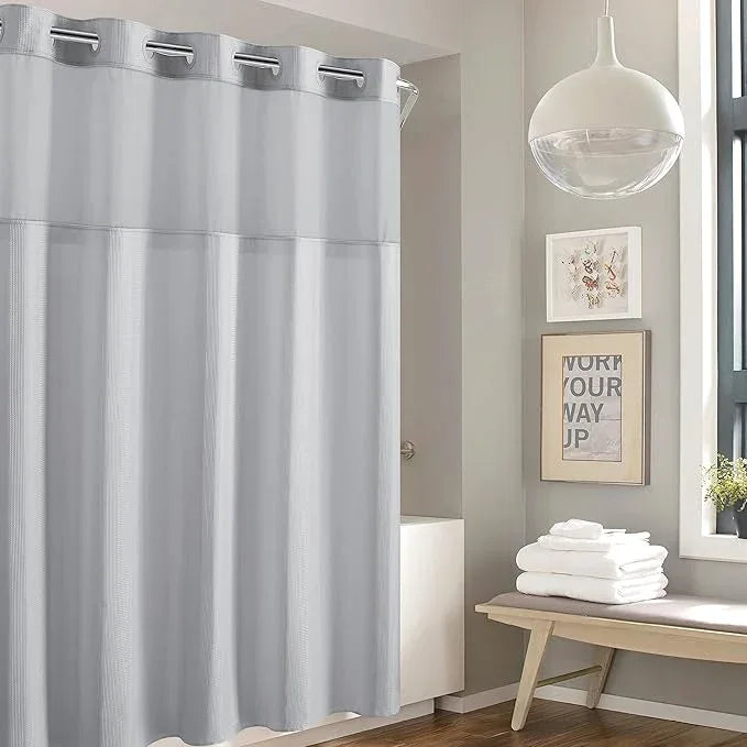 Hookless It’s A Snap! Waffle Stripe Shower Curtain, 2-in-1 Shower Curtain Includes Fabric Shower Curtain with Sheer Top Window and Flex-On Rings, Liner Compatible, 71” x 74”, Light Grey - ModernBath