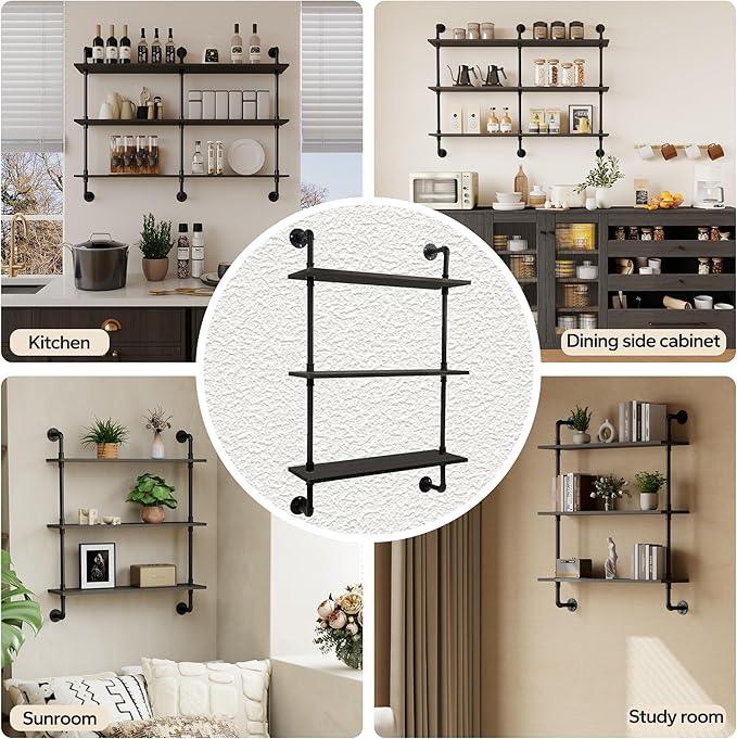 3-Tier Industrial Pipe Floating Shelf – Rustic 36 inch Wood Wall-Mounted Storage Shelf for Kitchen Office,Bathroom & Home Decor -Black - ModernBath
