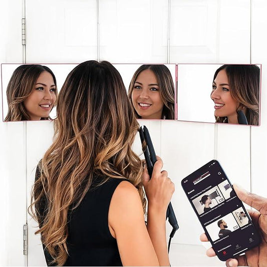 Self-Cut System 3 Way Mirror for Braiding Hair, Styling & Hair Coloring - Tri-Fold Three Way Mirror with Telescoping Hooks - Compact & Travel Size - Over-the-Door Mount for DIY Haircuts, Makeup - Pink - ModernBath