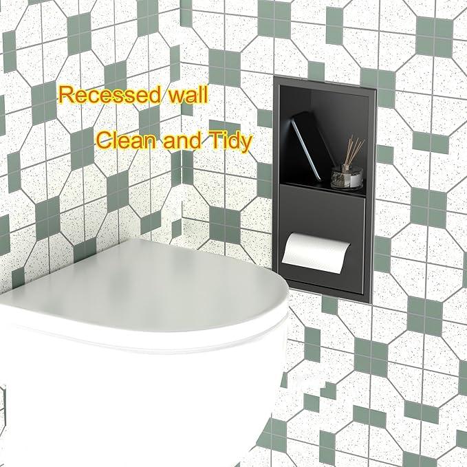 Black Toilet Paper Holder with Recessed Wall Niche for Storage,Stainless Steel in Wall Toilet Paper Dispenser with Shelf,15.9inX7.9inX4.9in (Matte Black) - ModernBath