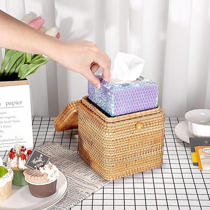 Sumnacon Tissue Box Cover Square Tissue Box Rattan Tissue Box Holder with Hinged Top Lid, Wicker Tissue Holder for Bathroom Toilet Living Room Kitchen Office Table Desk, Yellow - ModernBath