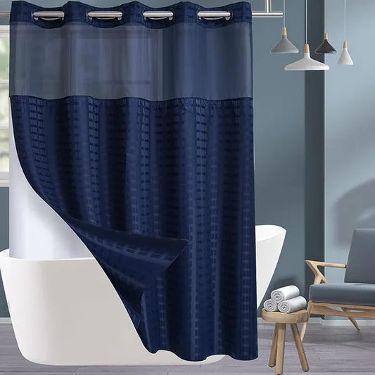 Conbo Mio Extra Long No Hook Shower Curtain with Snap in Liner Set, Hotel Luxury Navy Blue Shower Curtains for Bathroom with See Through Top Window, Waterproof, Washable 71W x 84H - ModernBath