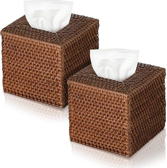 Kigley 2 Pcs Square Rattan Tissue Box Cover Boho Wicker Tissue Cube Box Cover 5.5'' x 5.5'' x 5.5'' Decorative Natural Wicker Hand Woven Napkin Box Holder Bathroom Office Car Accessories (Brown) - ModernBath