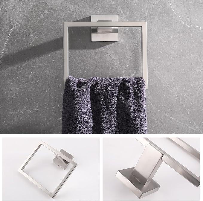 LANC Hand Towel Rings for Bathroom Wall Mount Brushed Finished Square Hand Towel Holder for Kitchen Towel Holder Lavatory SUS304 Stainless Steel Contemporary Style Shower Towel Racks Hanger, A8896BN - ModernBath