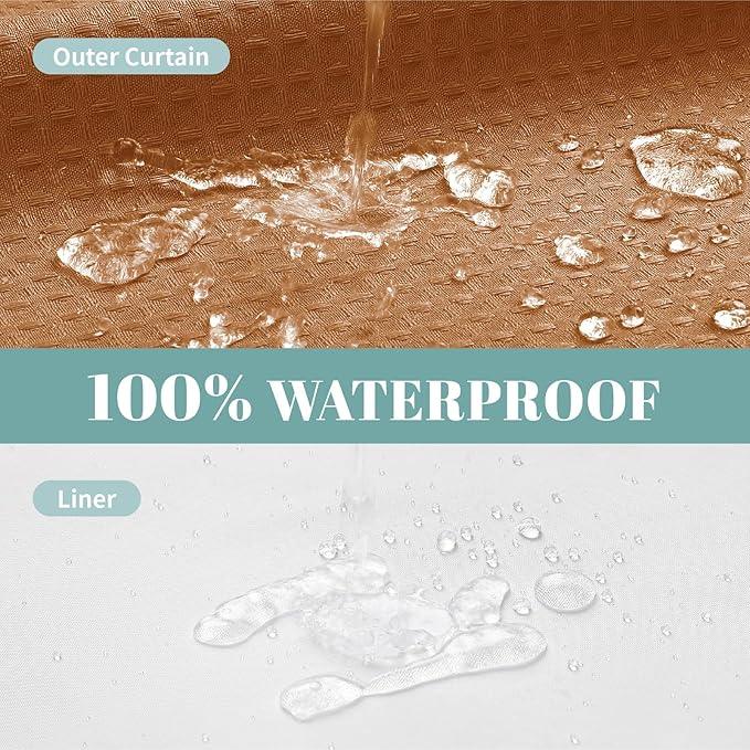 eachope BurntOrange No Hook Waffle Weave Shower Curtain with snap-in Liner Replacement, 230GSM Waterproof Fabric Hotel Shower Curtain Set for Bathroom, Through Mesh Top Window,71Wx74H - ModernBath