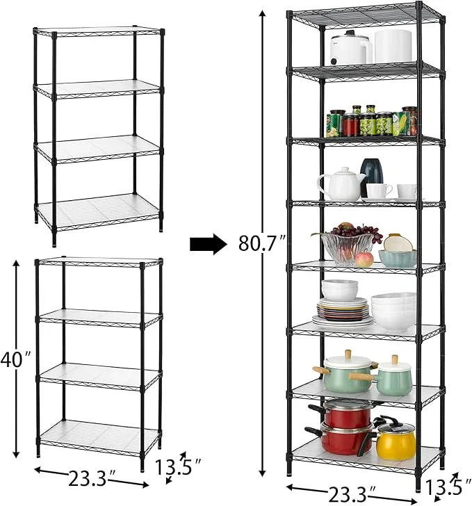 Finnhomy 8-Tier Wire Shelving Unit Adjustable Steel Wire Rack Shelving, 80.7 Inches Height 8 Shelves Metal Storage Rack, Pantry Shelves for Storage with PE mat, NSF Certified, Black - ModernBath