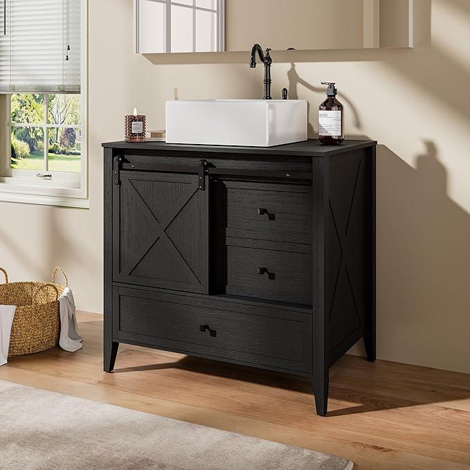 VNN Bathroom Vanity with Sink - 36 Inch Bathroom Vanity with Sink Ceramic, Freestanding Cabinet with Farmhouse Sliding Barn Door and 3 Drawers, Space-Saving Storage Cabinet, Wood Grain Texture, Black - ModernBath