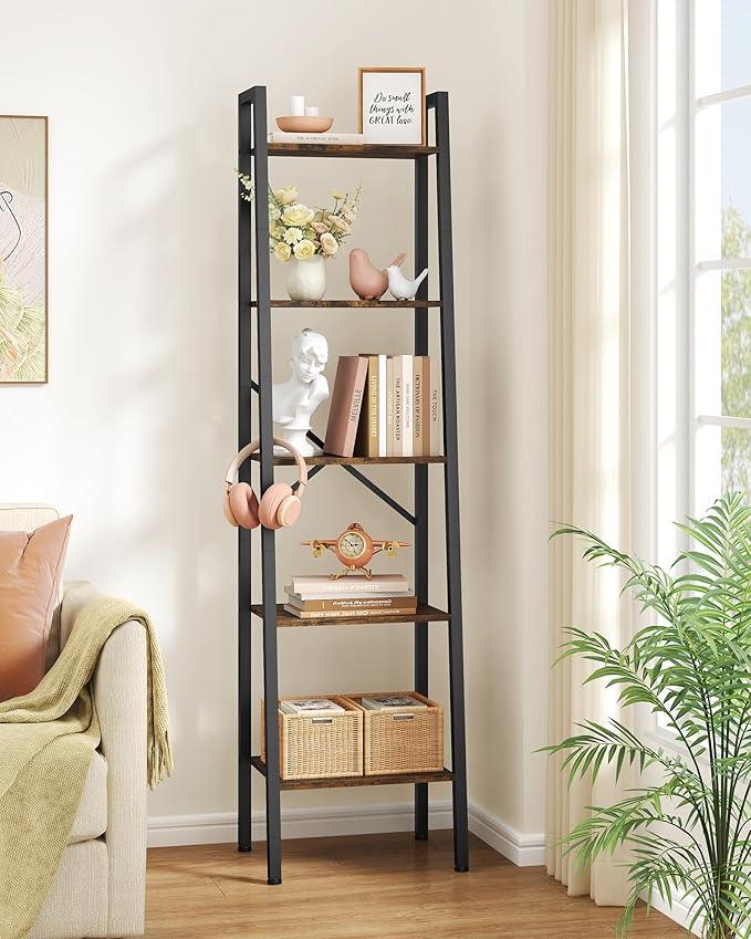 Hoctieon Industrial Ladder Bookshelf, Multifunctional Ladder Shelf, 5-Tier Tall Bookshelf, Open Ladder Shelf Bookcase, for Living Room, Home Office, Kitchen, Bedroom, Metal Frame, Rustic Brown - ModernBath