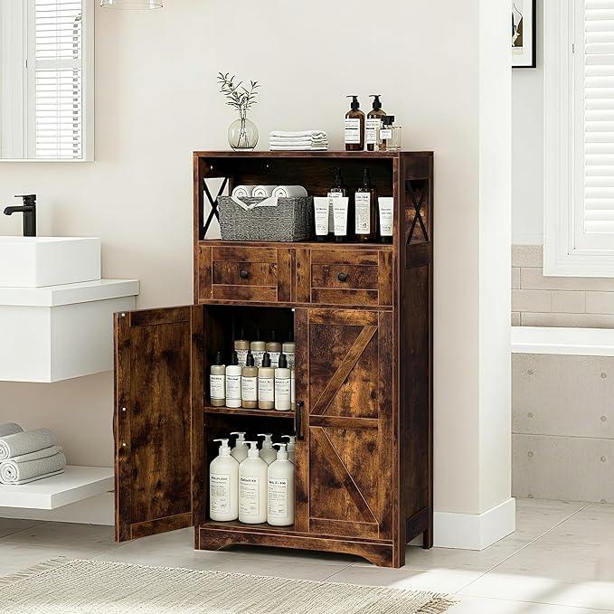 SUPER DEAL Farmhouse Storage Cabinet, Bathroom Floor Cabinet Kitchen Pantry with Doors and Drawers, Hutch Cupboard for Laundry, Living Room, Bedroom, Rustic Brown - ModernBath