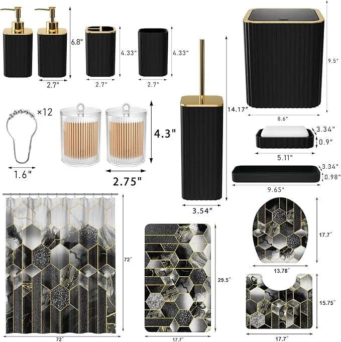 XLHOMO Bathroom Set - 26PC Bathroom Set with Shower Curtain and Rugs, Bathroom Accessory Set, Black Bathroom Accessories Set, Trash Can & Soap Dispenser - ModernBath