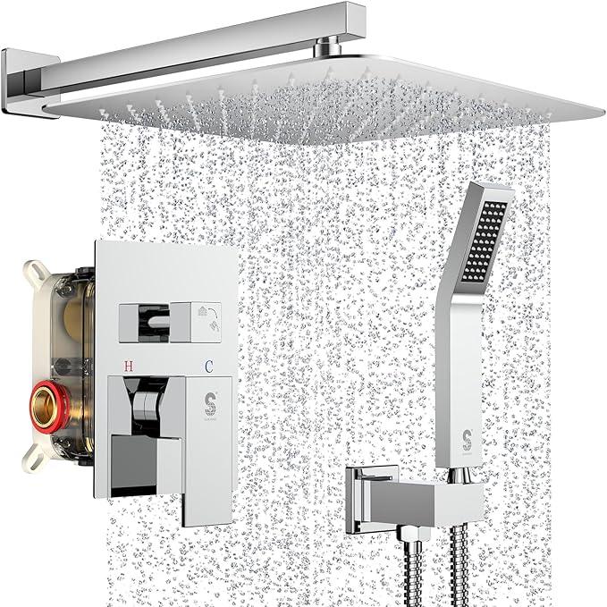 SR SUN RISE Polished Chrome Square Rainfall Shower Head and Handle Set, Wall Mounted Shower Fixtures, Metal Shower Faucet Trim Repair Kits (With Shower Valve) 16 Inches - ModernBath