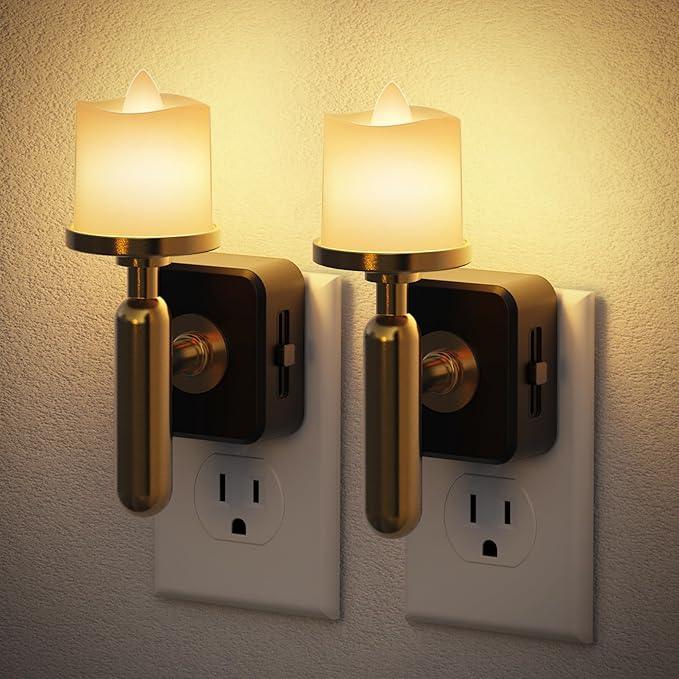 JandCase Candle Night Light, 2 Pack Night Lights Plug into Wall, 3000K Soft White, 0-100LM Adjustable Brightness, Dusk to Dawn Sensor NIghtlight for Dinning Room, Living Room, Bathroom, Hallway - ModernBath