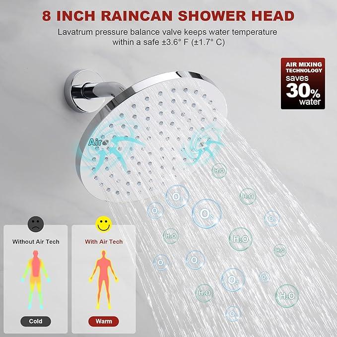 Lavatrum Premium Chrome Shower Head And Faucet Set Single Spray Wall Mount 8 Inch Rain Fall Round Shower Faucet with Rough-in Valve and Trim Kit for Bathroom - ModernBath