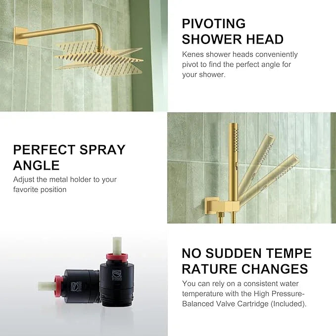 KENES Brushed Gold Rainfall Bathroom Shower System Rain Shower Head and Handle Set, Shower Faucet Set with 10-Inch Rain Showerhead and Handheld Spray, (Shower Valve Included), LJ-6026A-4 - ModernBath