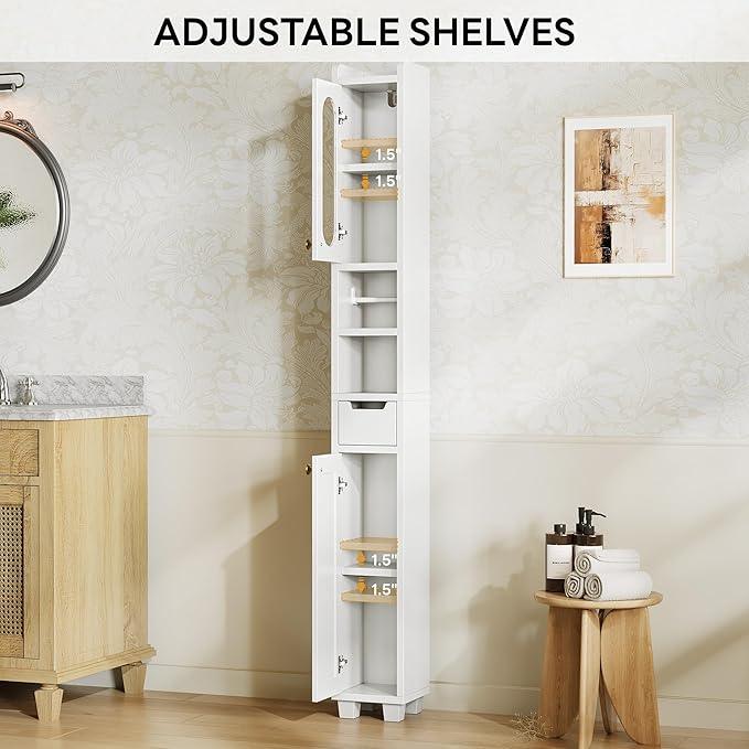 LIKIMIO 69" H Tall Bathroom Storage Cabinet with 2 Doors & 1 Drawer, Narrow Adjustable Shelves & Pull-Out Tissue Holder, Slim Freestanding Cabinet for Small Spaces, Kitchen, Entryway, White - ModernBath