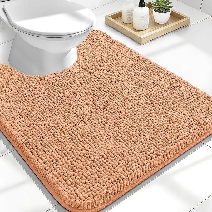 OLANLY Toilet Rugs U-Shaped 24x20, Extra Soft Absorbent Chenille Contour Bathroom Rugs for Toilet, Dry Quickly, Machine Washable, Non-Slip Bath Mat, Peach - ModernBath