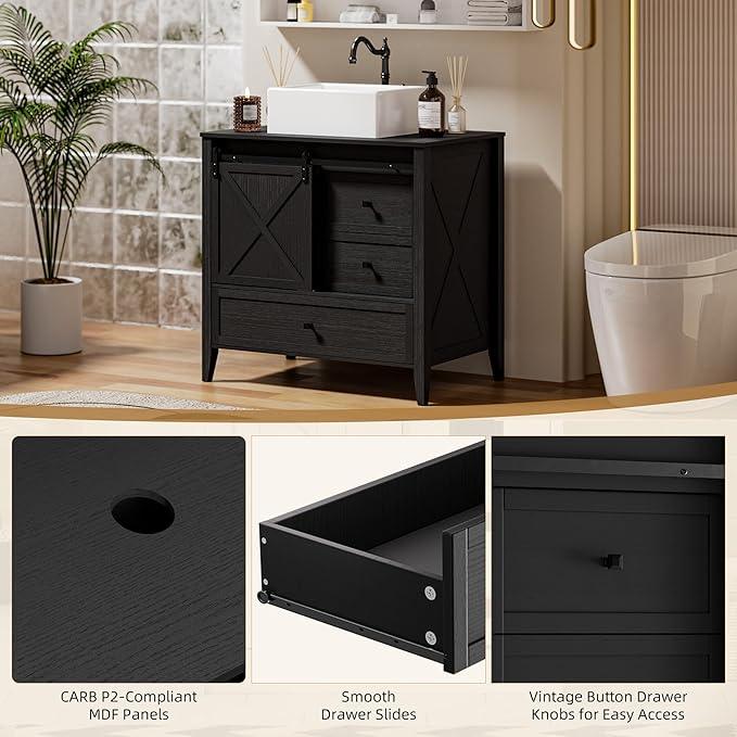 VNN Bathroom Vanity with Sink - 36 Inch Bathroom Vanity with Sink Ceramic, Freestanding Cabinet with Farmhouse Sliding Barn Door and 3 Drawers, Space-Saving Storage Cabinet, Wood Grain Texture, Black - ModernBath