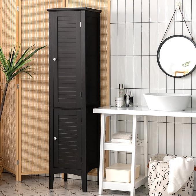 Tangkula Tall Bathroom Storage Cabinet, 5-Tier Wooden Freestanding Tower Cabinet, Narrow Storage Floor Cabinet w/ 2 Doors & Shelves for Bathroom Living Room Kitchen (Black) - ModernBath