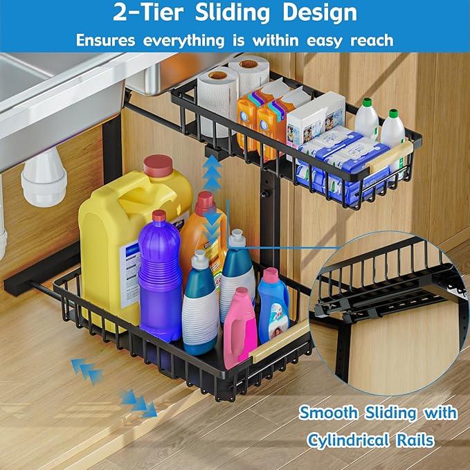 2Pcs Under Sink Organizer, Adjustable Under Sink Organizers and Storage, 2-Tier Pull Out Under Kitchen Sink Organizer, Sliding Out Metal Under Bathroom Sink Organizer for Kitchen Pantry Black - ModernBath