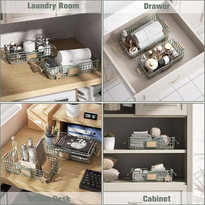 Toilet Paper Storage Basket, 2 Pack Toilet Paper Storage for Bathroom, Narrow Wire Tray for Restroom Tank Top, Bathroom Metal Baskets for Decor, Set of 2, Sage Green - ModernBath