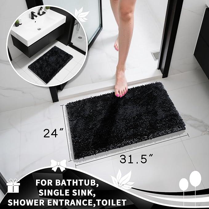 Yimobra Chenille Bathroom Rugs Non Slip, Extra Thick Soft Absorbent Bath Rug 31.5x20 Inch, Machine Washable Quick Dry Bath Mat for Bathroom Floor, Tub and Shower, Home Decor Accessories, Black - ModernBath