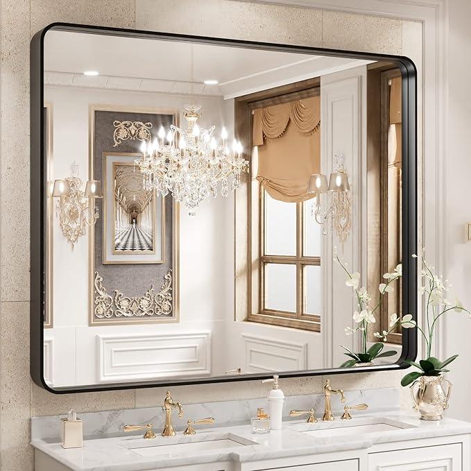 WEER Black Framed Mirror for Bathroom, 40x32 Inch Matte Black Bathroom Vanity Mirror, Rectangular Black Metal Framed Wall Mirror with Tempered Glass, Rounded Corner, Anti-Rust (Horizontal/Vertical) - ModernBath