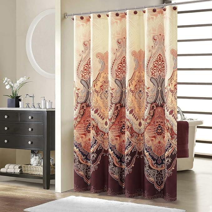 BESTRIPES Long Shower Curtain 72x78 Inches, Water Repellent Fabric with Gold and Brown Baroque Pattern, 12 Metal Grommets and Weighted Hem - ModernBath